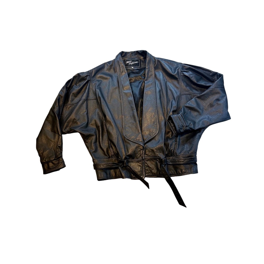Vintage Marc Robbins Black Leather Jacket 80s Dolman Sleeve Belted Cropped 10